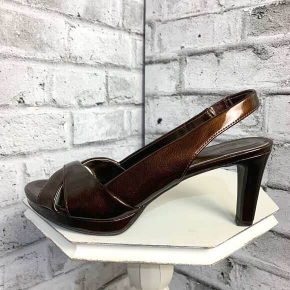 Etienne Aigner Ophelia Open Toe Sling Back Brown Patent Faux Leather Sandals - Picture 1 of 9